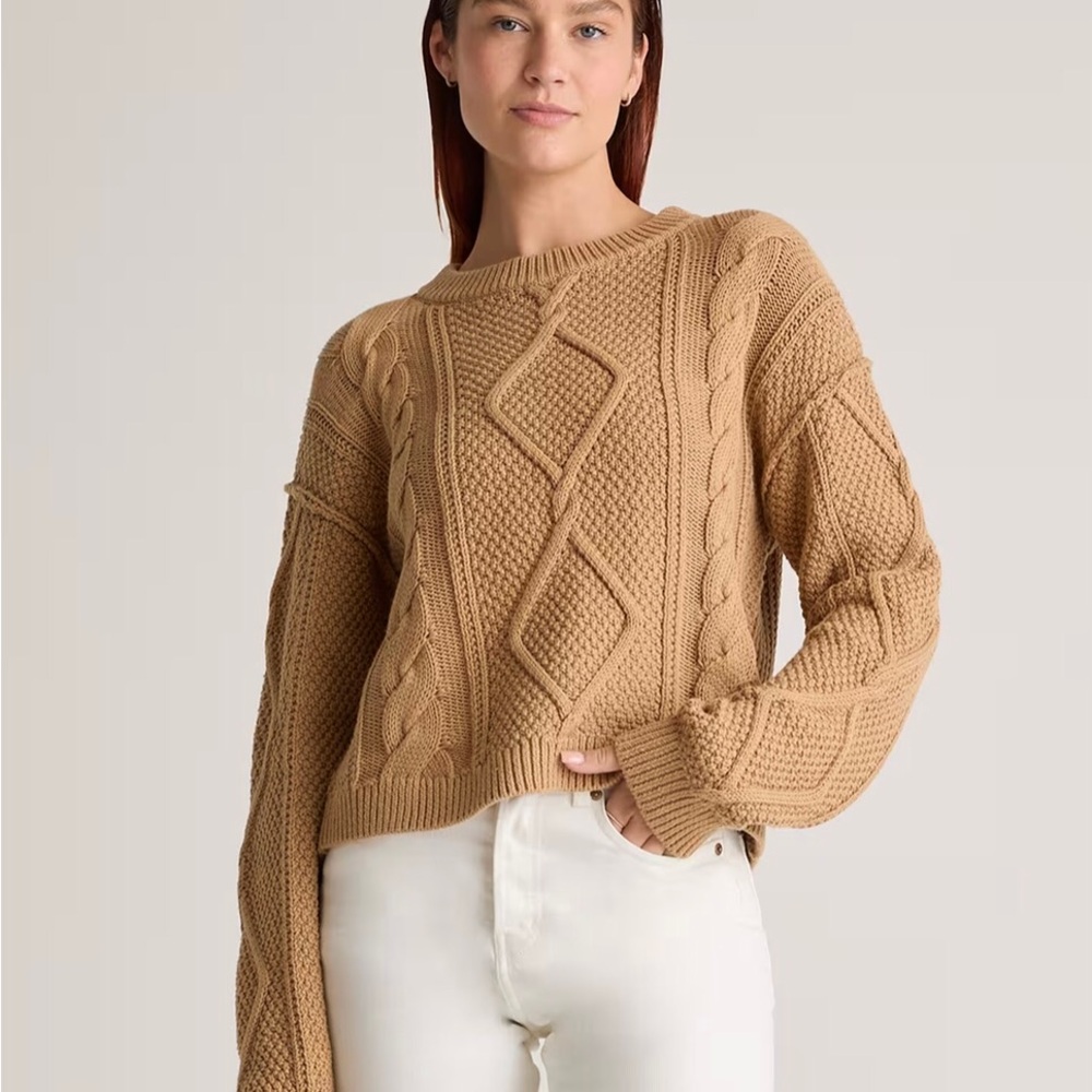 Quince 100% Organic Cotton Cropped Cable Crew Sweater Color Camel sz M